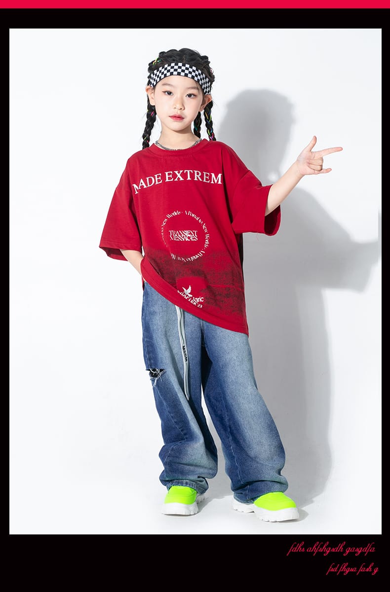 子供服 キッズダンス ゆるシャツ ダメージデニム 2点セット 単品販売 男の子 女の子 hiphop ダンス衣装 Tシャツ 大きいサイズ ジーパン 穴あき カジュアル ダンス服