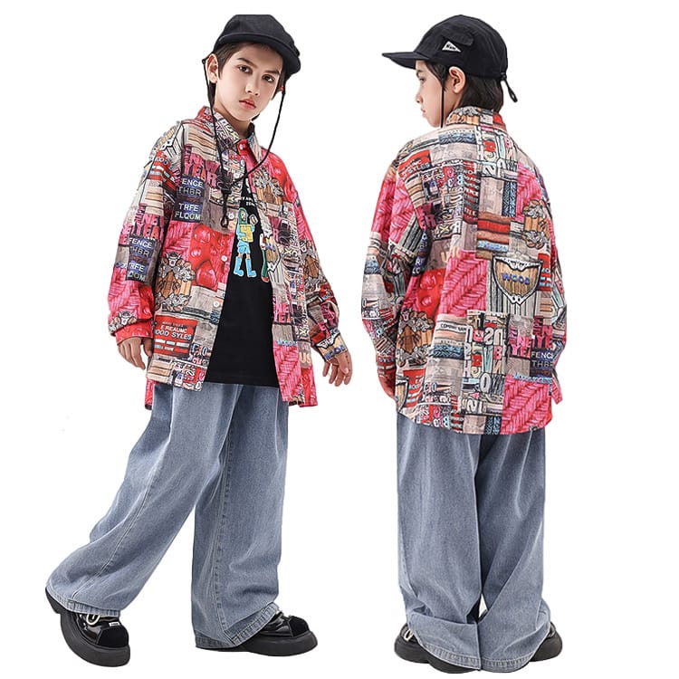 キッズ ダンス 衣装 k-pop 韓国 子供服 セットアップ キッズ ヒップホップ ダンス衣装 シャツ 長袖 デニムパンツ ロング丈 ダンスウェア 男の子 女の子 練習着 ストリート系