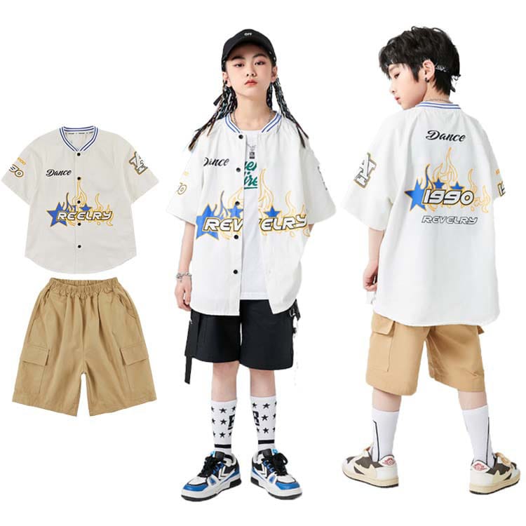 キッズダンス衣装 ヒップホップ セットアップ ボールシャツ ベスト 子供服 男の子 女の子 野球服 白 プ..