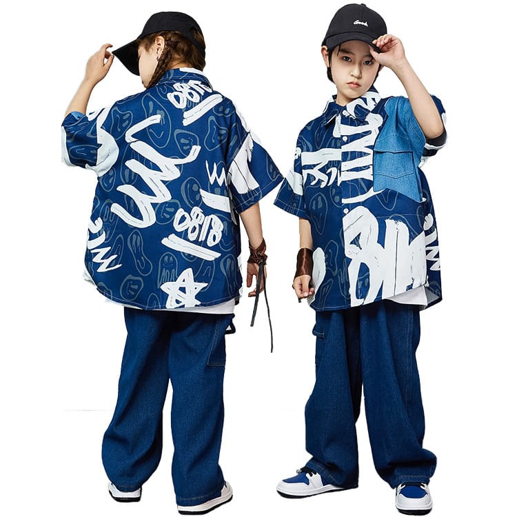 デニム ダンス 練習着 キッズ セットアップ 紺 子供服 ヒップホップ 衣装 男の子 女の子 キッズダンス..