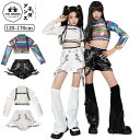 セットアップ ステージ衣装 レッグウォーマー トップス ショーツ 黒 白 ブラック ホワイト 色が変わる レザー 女の子 ジャズダンス 韓国風 ダンスウェア チアガール ガールズ 上下 ヒップホップ キッズダンス 応援団 演出服 キッズ ブラック かっこいい デザイン 子供 HIPHOP