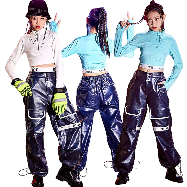 韓国 ダンス衣装 子供ダンス キッズ 女の子 ヒップホップ 白 青 トップス カーゴパンツ ジャズ ダンス衣装 アイドル衣装 ステージ衣装 ヘソ出し 長袖 ロングパンツ カッコイイ jazz hiphop キッズ ダンス 衣装 レディース k-pop 演出服 おしゃれ
