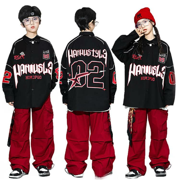 Rakuten - ヒップホップ キッズ ダンス衣装 セットアップ ダボダボ 子供服 トップス 黒 長袖 カーゴパンツ 赤 子供ダンス 衣装 男の子 女の子 ダンス 衣装 ストリート系