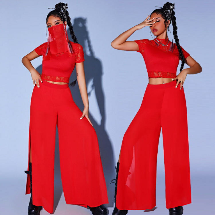 韓国 ダンス 衣装 赤 レッド セットアップ 花柄 レディース へそ出し アイドル トップス パンツ ジャズダンス ヒップホップ ダンス衣装 大人 セクシー ストリート系 練習着 舞台用 ダンス DS演出服 ステージ sexy jazz 練習着 ステージ衣装 団体 原宿系 S M L XL