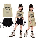 キッズダンス衣装 セットアップ ヒップホップ ベスト レッスン着 子供 女の子 ゆったり オーバーサイズ tシャツ 利休色 白 袖無し ロング丈 英文字プリント パンツ 黒 カジュアル ダンスウェア ステージ衣装