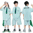 ストライプ グリーン シャツ ネクタイ キッズダンス衣装 パンツ ストライプ柄 韓国 子供服 応援団 演出服 セットアップ hiphop K-POP 女の子 男...