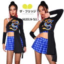 大人 レディース ダンス衣装 セットアップ 青 黒 龍柄 ジャズ ヒップホップ ダンス衣装 ヘソ出し チェックスカート 韓国 アイドル ダンス 衣装 上下 DS...
