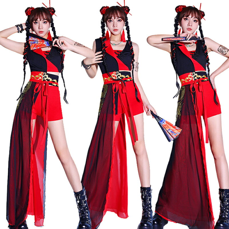 レディース 赤 黒 ジャズダンス衣装 セットアップ チャイナ風 ヘソ出し 短パン 女子グループ アイドル衣装 ヒップホップ 演出服 レディース おしゃれ S M L XL 社交ダンス 夜店 DS クラブ バー jazz ステージ衣装 練習服 袖なし