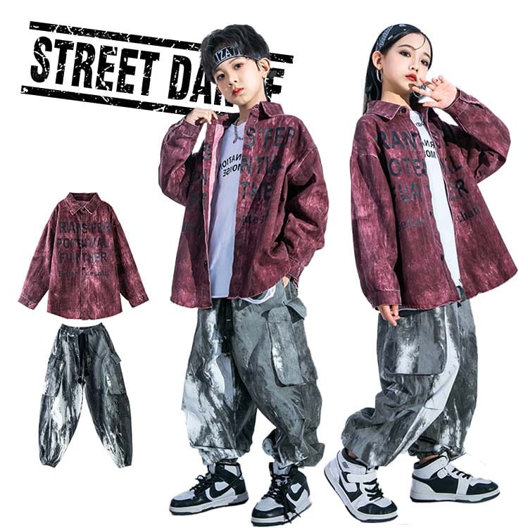 キッズダンス衣装 コート パンツ 韓国風 セットアップ ヒップホップ 衣装 赤 グレー 子供服 男の子 女の子 キッズ ストリート 外套 長袖 暗紅色 襟元 パ...