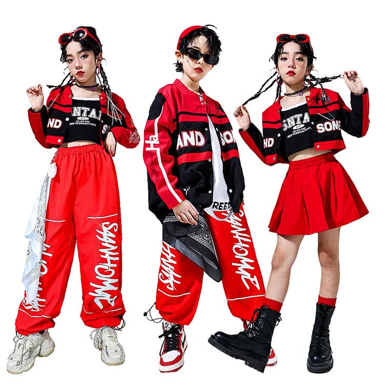 ブラック 赤 レッド 子供服 キッズダンス 衣装 女の子 男の子 ダンス発表会 ストリート 長袖 ジャケット スカート パンツ 韓国 子供 ダンス 衣装 ヒップホップ キッズ ダンス衣装 セットアップ ズボン ダンスパンツ ガールズ ヒップホップ hiphop kpop