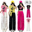 韓国 ダンス衣装 大人 レディース トップス 半袖 tシャツ ロングパンツ ワイドパンツ カーゴパンツ JAZZ HIPHOP 演出服 スポーツ風 セットアップ...