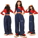 キッズダンス衣装 セットアップ 赤 トップス ヒップホップ ファッション 女の子 キッズ ダンス デニム パンツ 紺 子供ダンス服 ガールズ ダンス衣装 セット...