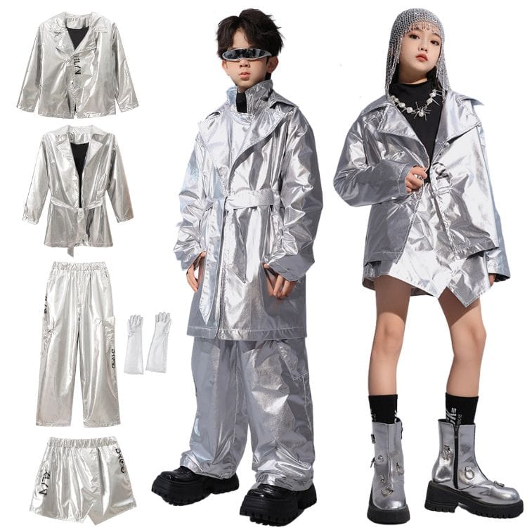 シルバー ジャケット ダスターコート キラキラ キッズ ダンス 衣装 子供服 ヒップホップ 銀色 メタリック キッズダンス 子供 ジャケット ロングパンツ スカ...