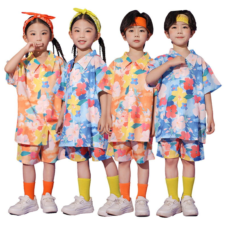 乐天商城 - 柄シャツ キッズダンス衣装 セットアップ オレンジ ブルー 子供服 ヒップホップ 女の子 男の子 ゆるシャツ 半袖 短パン カジュアル 可愛い ダンスウェア 団体 演出服 ストリート 発表会 応援 練習着 遊戯会 応援団 k-pop jazz hiphop