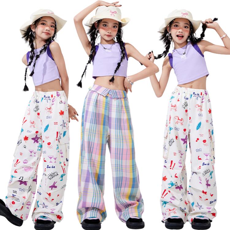 ダンス衣装 女の子 演出会 応援団 発表会 パープル オシャレ 舞台服 キッズ 子供服 韓国 ヒップホップ 団体服 練習着 応援団 原宿系 k-pop トップス ズボン トリート 演出服 子供服 韓国風 ダンスウェア ジュニア 発表会 DANCE 110-180 チェック柄