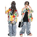 柄シャツ キッズ デニムパンツ キッズダンス衣装 セットアップ 子供服 ヒップホップ 衣装 男の子 女の子 ダンス 衣装 ゆるシャツ ベスト 白 黒 ズボン ダメージ ジーンズ ストリート系