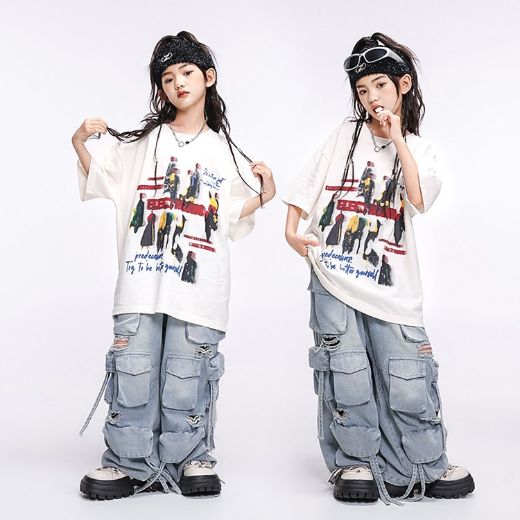 ダンス衣装 デニム キッズ セット 子供服 tシャツ 白 デニム パンツ ダメージ かっこいい ヒッ