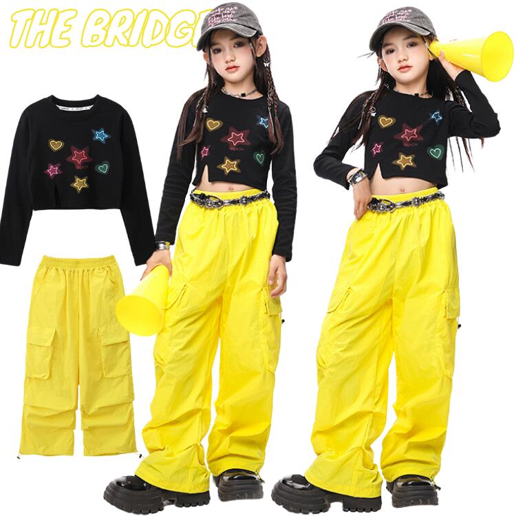 キッズダンス 衣装 イエロー カーゴパンツ 黒トレーナー 長袖 子供 ストリートダンス 女の子 ジャズダンス 衣装 ヒップホップ パフォーマンス 衣装 ストリート 演奏 セット ダンス発表会 韓国風 かっこいい 子供用 ガールズ