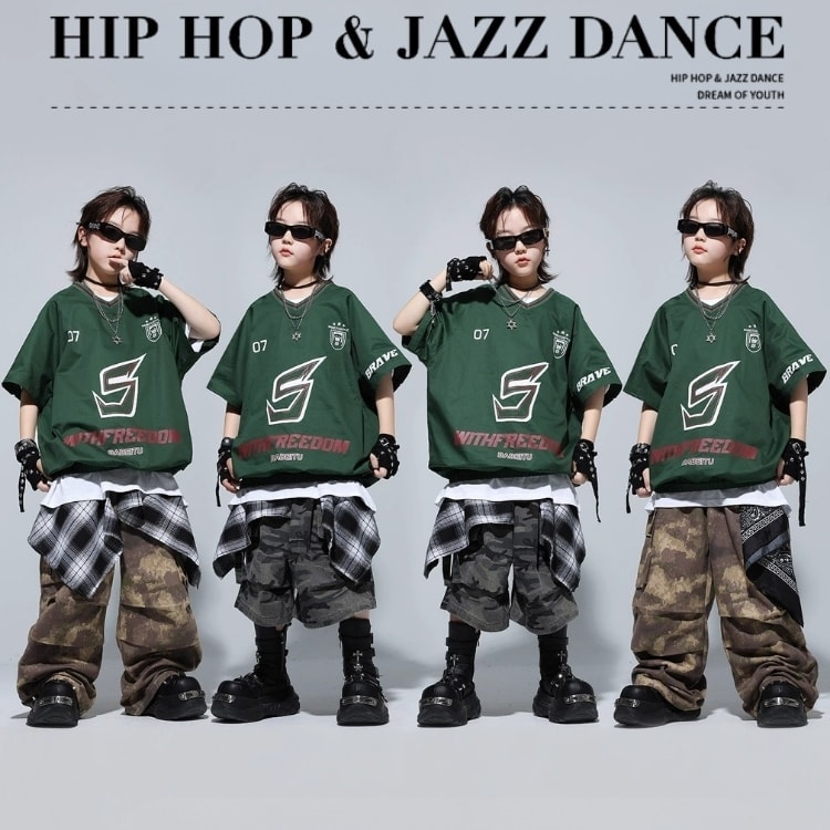 ダンス衣装 キッズ 女の子 男の子 HIPHOP キッズ ダンス 衣装 迷彩柄 パンツ ズボン かっこいい 韓国 jazz キッズ ダンス衣装 練習着 グレー 緑 ブラウン 舞台服 子供服 上下セット 派手 おしゃれ ダンスウェア ヒップホップ キッズダンス 演出服 110-180
