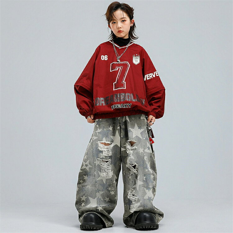 キッズ ダンス 衣装 セットアップ 赤 トップス 長袖 デニム パンツ 男の子 女の子 ...