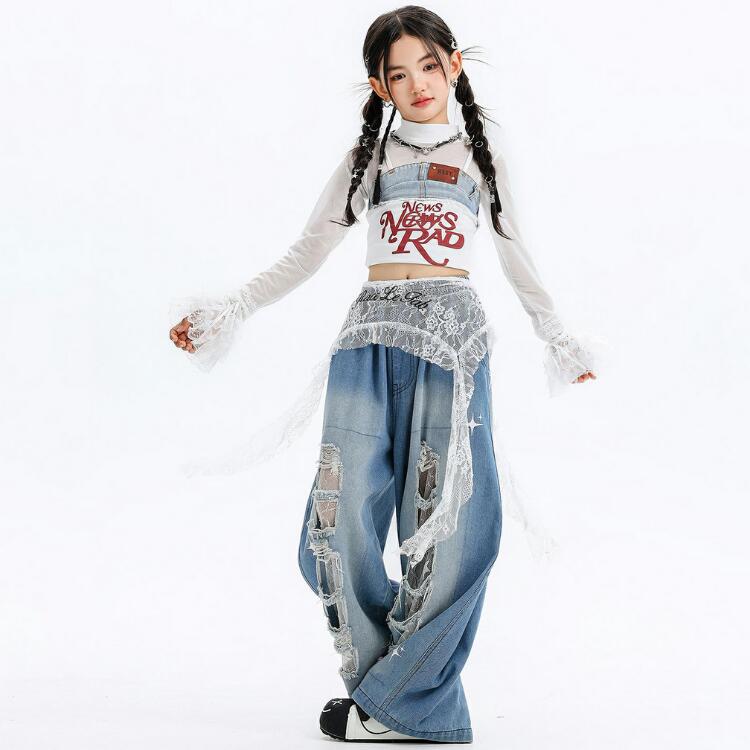 キッズ ダンス 衣装 ヒップホップ K-POP デニムセットアップ デニム レース ガール...
