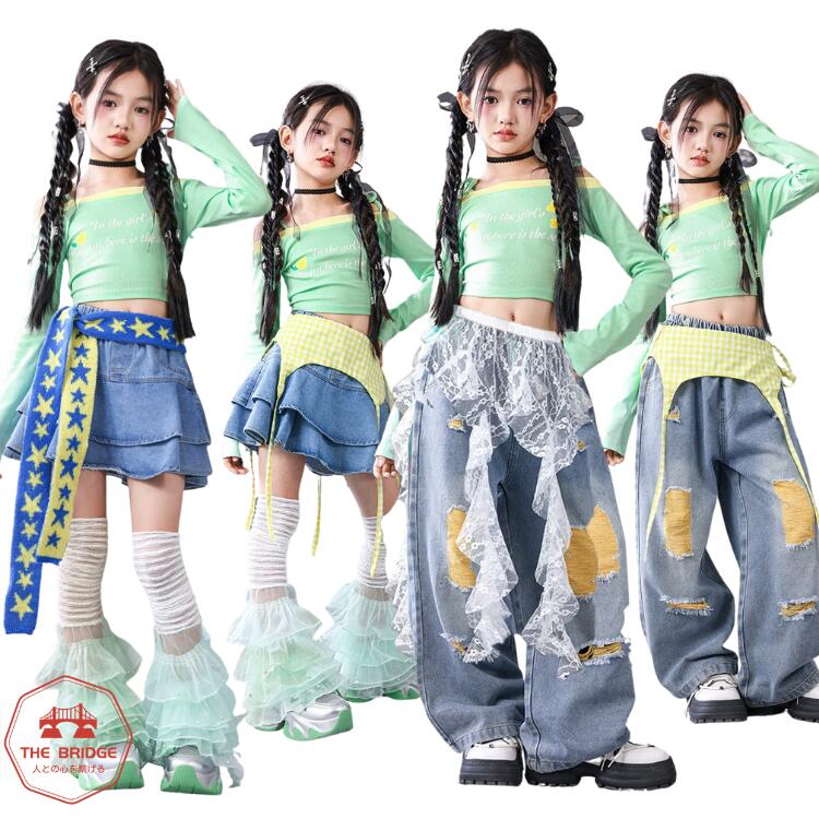 キッズ ダンス 衣装 セットアップ 女の子 ヒップホップ ダンス衣装 HIPHOP K-POP 韓国 アイドル 衣装 子供 緑 水色 デニム スカート ブルーデニム パンツ 緑 Y2K チェック柄 腰巻風 小物 トップス へそ出し 長袖 小学生 ダンス発表会 チアダンス ダンスウエア チーム