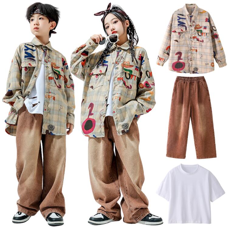 子供服 ダンス 衣装 キッズ セットアップ ヒップホップ 単品 チェック柄 ベージュ シャツ チTシャツ パンツ ヒップホップ キッズダンス 男の子 女の子 セットアップ ストリート ダンスウェア 原宿系 おしゃれ 長袖 レッスン シャツ パンツ hiphop jazz