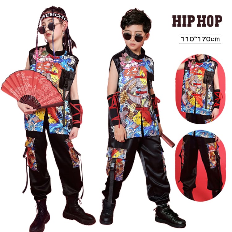 錦鯉 キッズダンス衣装 黒 和風 セットアップ 子供服 女の子 男の子 シャツ 袖なし ブラック ダンスウ..