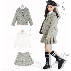 卒業式 スーツ 女の子 140/150/160 小学生 韓国 スカート チェック柄 子供服 スーツ 女の子 卒業式 入学式 小学生 フォーマル 3点セット ジャケット＋スカート+シャツ セットアップ キッズ 長袖 女の子 春秋 子ども服 上下3点セット 女の子 ジュニア スカートスーツ