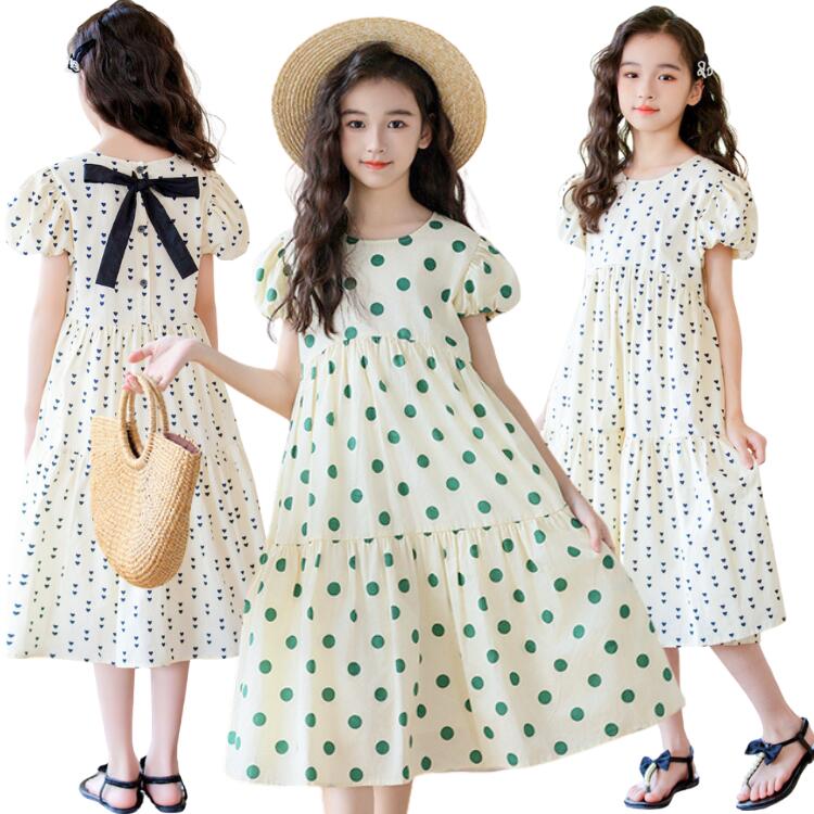 ワンピース 女の子 ベージュ 半袖 ぽわん袖 夏 ハート柄 ドット柄 旅行 海辺 リゾート風 ワンピース リボン飾り 膝丈 子供 服 韓国 かわいい カジュアル 女児 サマー ゆったり 膝丈 おしゃれ 可愛い 120 130 140 150 160 170