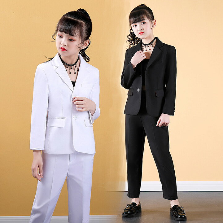 パンツスーツ 韓国子供服 女の子 フォーマルスーツ 黒 白 