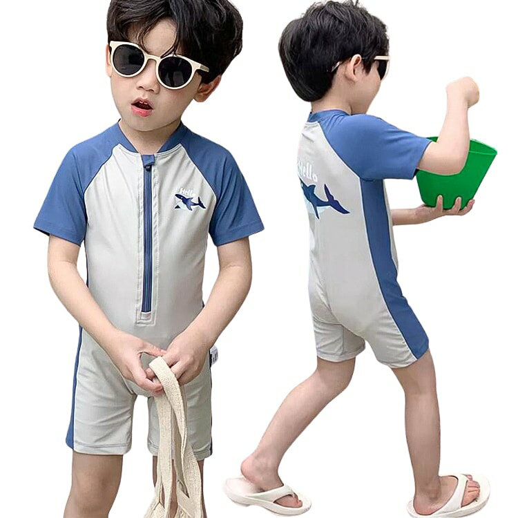 サメ 子供 水着 男の子 スクール かわいい 水着 半袖 子供 オールインワン キッズ水着 帽子付 幼稚園 保育園 小学生 スクール水着 つなぎ 水遊び プール 海水浴 練習用
