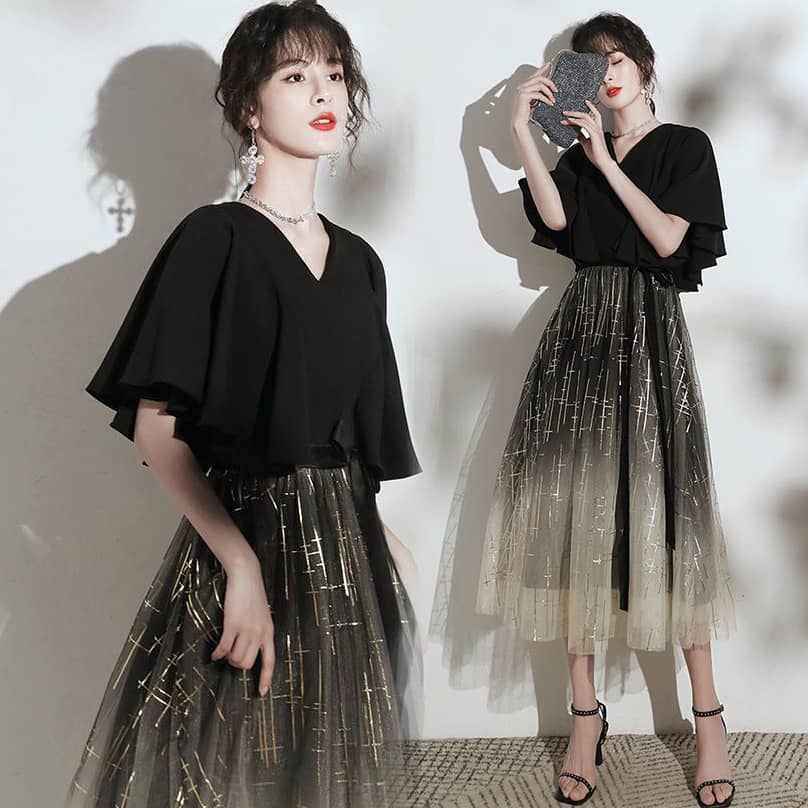 パーティードレス 大人 ドレス ピアノ 発表会 ドレス 高校生 中学生 結婚式 ワンピース ロング丈 大きいサイズ フォーマル チュール 演奏会ドレス きれいめ ミモレ丈 レディース 袖あり イブニングドレス 二次会 花嫁 黒 ゴールド