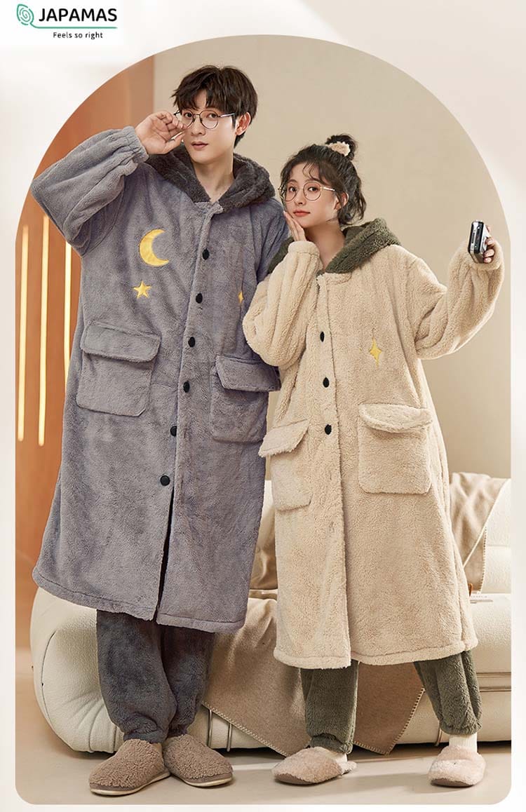 カップル ペア パジャマ ナイトガウン 月 韓国風 可愛い フランネル ペアルック パジャマ 裏起毛 冬 ふわふわ 上下セット 長袖 寝巻き ボタン 春秋冬 日常 プレゼント ルームウェア 部屋着 ペア メンズ レディース リンクコーデ 裏起毛付き 暖かい きれいめ M-3XL