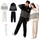 ペアルック カップル パジャマ 2着セット ペアパジャマ モコモコ 冬 長袖 黒 白 ペア部屋着 レディース メンズ パジャマ 前開き ふわふわ カップル ペア...