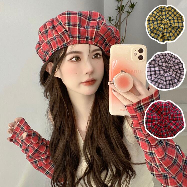 ベレー帽 レディース コットン 春夏 帽子 チェック柄 袖カバー 2点セット おしゃれ 韓国 秋冬 ニット帽 親子 おそろい おしゃれ コーデ k-pop かわいい レッド ピンク イエロー