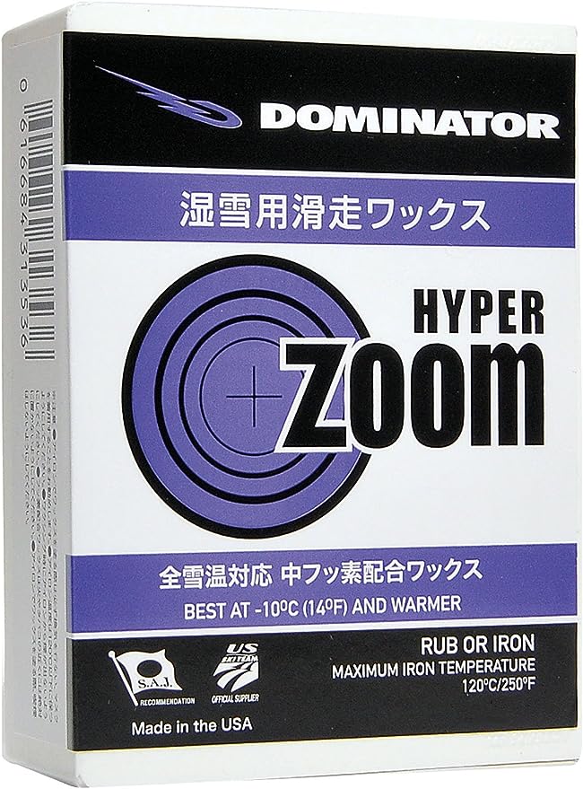 【送料無料】スノーボード ワックス ドミネーター Dominator HYPER ZOOM 100g 中フッ素配合のズームシリーズ。ジュニアレーサー、デモンストレーター、インストラクター他、より高いパフォーマンスを求める人々に!! 中フッ素配合のズームシリーズ。ジュニアレーサー、デモンストレーター、インストラクター他、より高いパフォーマンスを求める人々に。アイロンで溶かして滑走面に良く塗りこんでください。2時間室温で冷やし、しっかりとスクレープ後、ブラスブラシ（またはブラス＆ホースヘアーコンビ）で仕上げます。 9