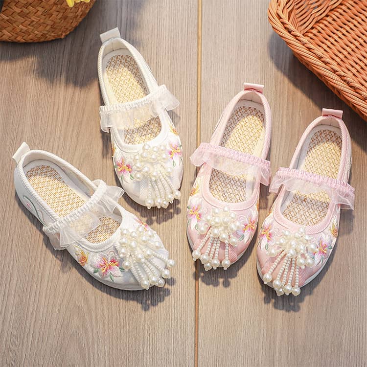 和柄の靴 ホワイト 子供 痛くない 靴 花柄 草履 赤ちゃん 刺繡 ベビー 女の子 ピン...