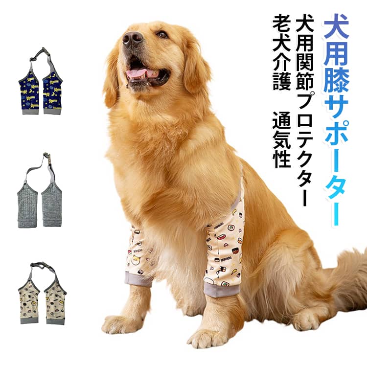 大型犬の前足関節をしっかりサポートする犬用足サポーター。関節の保護や冷え対策に役立ちます。背中部分に調節バックル＋弾性ストラップを採用。体型に合わせてフィット感を調整でき、ズレや脱落を防止。散歩・室内生活・寒い季節の防寒対策・関節の保護など幅広く活躍。 サイズ L XL 2XL 3XL サイズについての説明 L 袖丈：23cm 袖幅：21cm 足元周り：17cm 推奨体重：25～30kg XL 袖丈：29cm 袖幅：24cm 足元周り：20cm 推奨体重：30～36kg XXL 袖丈：34cm 袖幅：27cm 足元周り：23cm 推奨体重：36～42.5kg 3XL 袖丈：39cm 袖幅：30cm 足元周り：26cm 推奨体重：42.5～50kg ※測定方法によって誤差が生じますので、予めご了承下さい。 素材 ポリエステル 色 グレー ブルー イエロー 備考 ●サイズ詳細等の測り方はスタッフ間で統一、徹底はしておりますが、実寸は商品によって若干の誤差(1cm〜3cm )がある場合がございますので、予めご了承ください。 ●商品の色は、撮影時の光や、お客様のモニターの色具合などにより、実際の商品と異なる場合がございます。あらかじめ、ご了承ください。 ●製品によっては、生地の特性上、洗濯時に縮む場合がございますので洗濯時はご注意下さいませ。 ▼色味の強い製品によっては他の衣類などに色移りする場合もございますので、速やかに（脱水、乾燥等）するようにお願いいたします。 ▼生地によっては摩擦や汗、雨などで濡れた時は、他の製品に移染する恐れがございますので、着用の際はご注意下さい。 ▼生地の特性上、やや匂いが強く感じられるものもございます。数日のご使用や陰干しなどで気になる匂いはほとんど感じられなくなります。