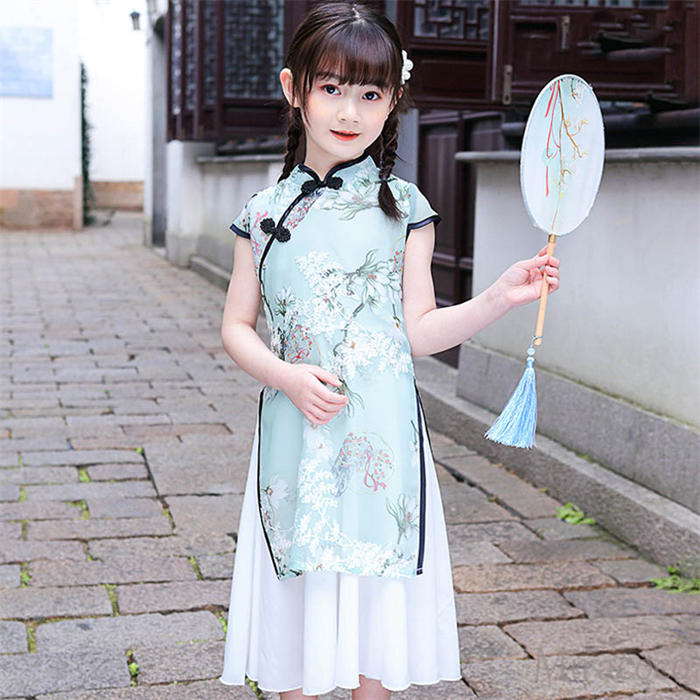 チャイナドレス キッズ チャイナ服 チャイナワンピース 子供服 子供ドレス 漢服 ロング丈 子ども服 キッズドレス ワンピース 女の子 花柄 パーティードレス 半袖 夏 ピアノ発表会 可愛い キレイ演奏会 発表会 結婚式 お祝日 七五三 110-160cm チャイナ風 中華風入園式入学式