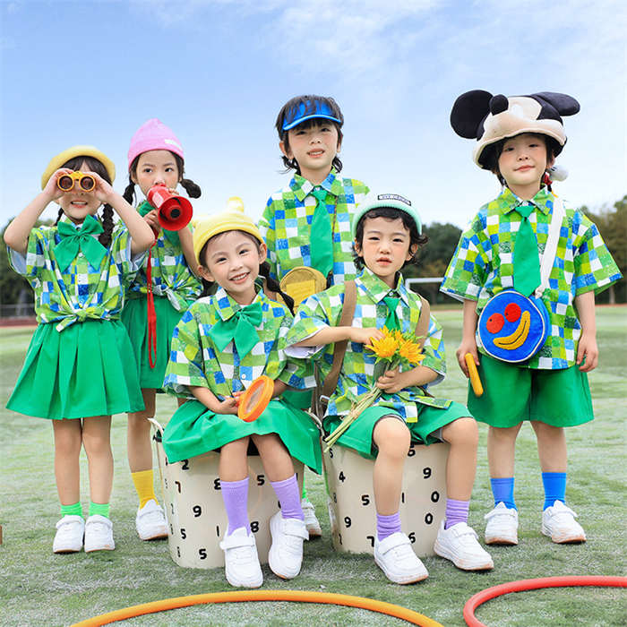 キッズダンス衣装 チアガール グリーン ダンスウェア 女の子 男の子 半袖 短パン チェックシャツスカート パンツ k-pop hiphop ダンス服 団体服 セットアップ キッズヒップホップ 子供服 応援団 演出服 幼稚園 舞台服 練習着 合唱団 原宿系 可愛い カッコイイ レッスン