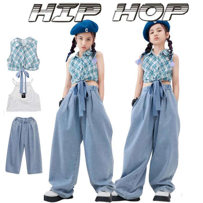 キッズダンス衣装 ガールズ 子供服 女の子 ダンスウェア シャツ トップス デニムパンツ ロングパンツ ズボン ヘソ出しチェック柄 ダンス服 上下セット ジャズダンス衣装 セットアップ hiphop k-pop ジュニアダンス 団体服 演出服 おしゃれ イベント衣装 ステージ衣装 踊り