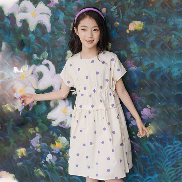 【150 160即納 】韓国子供服 ワンピース 子供 半袖 水玉柄 ワンピー キッズ ひざ丈 女の子 クルーネッ..