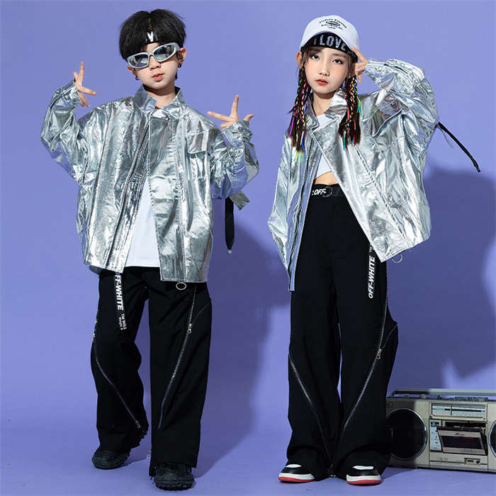 キッズダンス衣装 男の子 女の子 ダンスウェア ダンス服 男女兼用 セットアップ シルバー 社交ダンス衣装 ダンス衣装 jazz ヒップホップ k-pop ステージ衣装 舞台服 演出服 ジャケット ロングパンツ チョッキ 長袖 韓国風子供服 上下セット おしゃれ 子供服 舞台衣装110-180