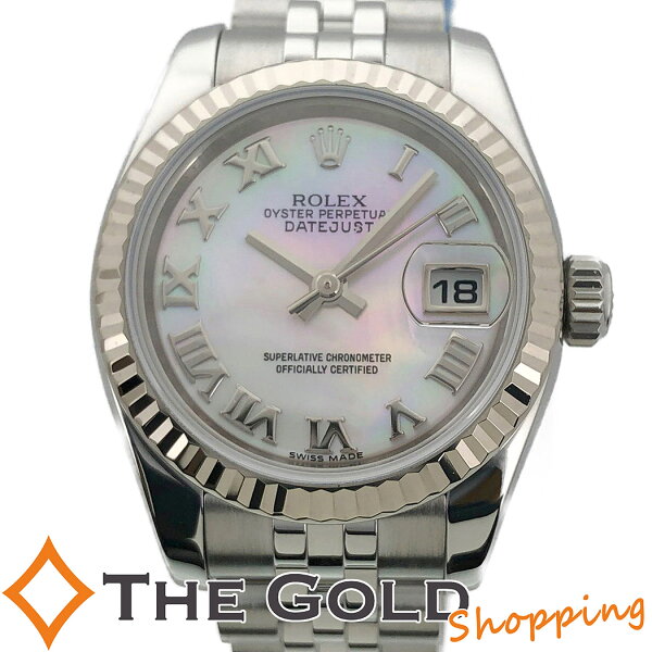 中古 ロレックスデイトジャスト179174NRG番ホワイトシェルSSWGホワイトゴールドコンビ自動巻きROLEX腕時計レディー