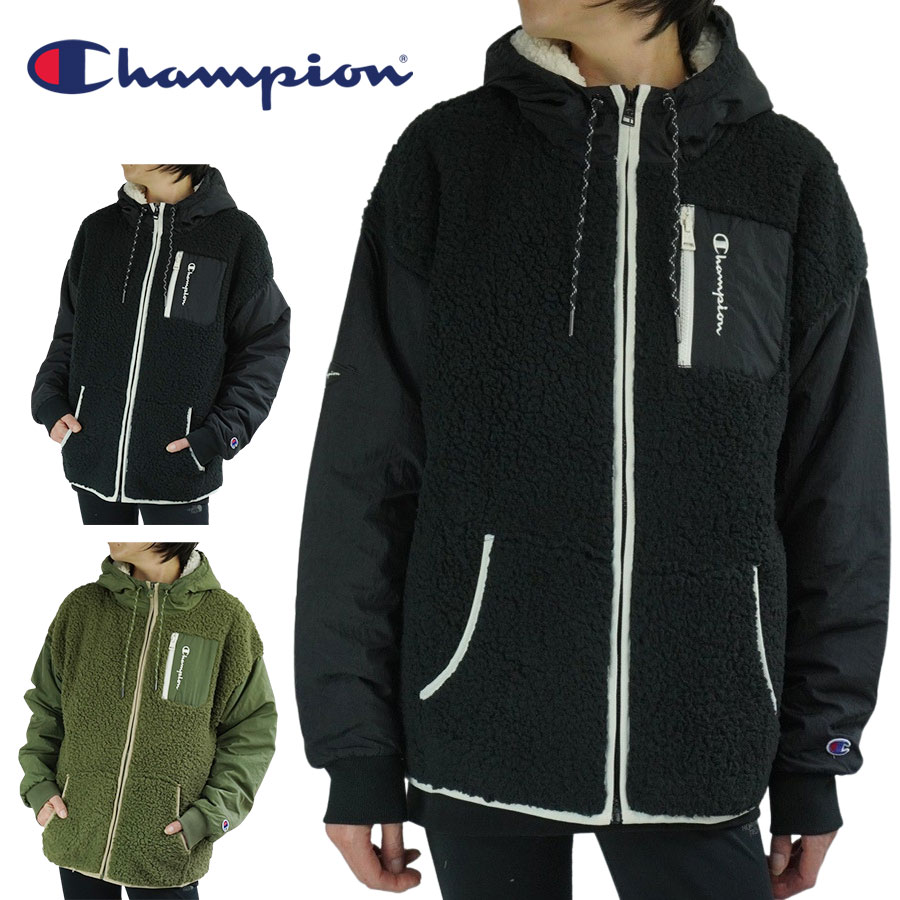 チャンピオン アウトドアジャケット レディース チャンピオン CHAMPIONレディース ジャケットJ59248 SHERPA BOA NYLON ZIPUP JACKETシェルパ ボア ナイロン ジップアップ ジャケット BLACK(ブラック) GREEN(グリーン)女性用 ファー フリース 上着 アウター 緑 黒 ロゴ