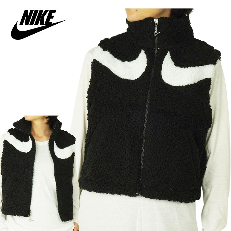 NIKE ナイキレディース ベストNSW SWOOSH FLEECE VESTウィメンズ フリースベストBLACK ブラック 白 黒 ストリート クロップ丈 ボア ロゴ 刺繍