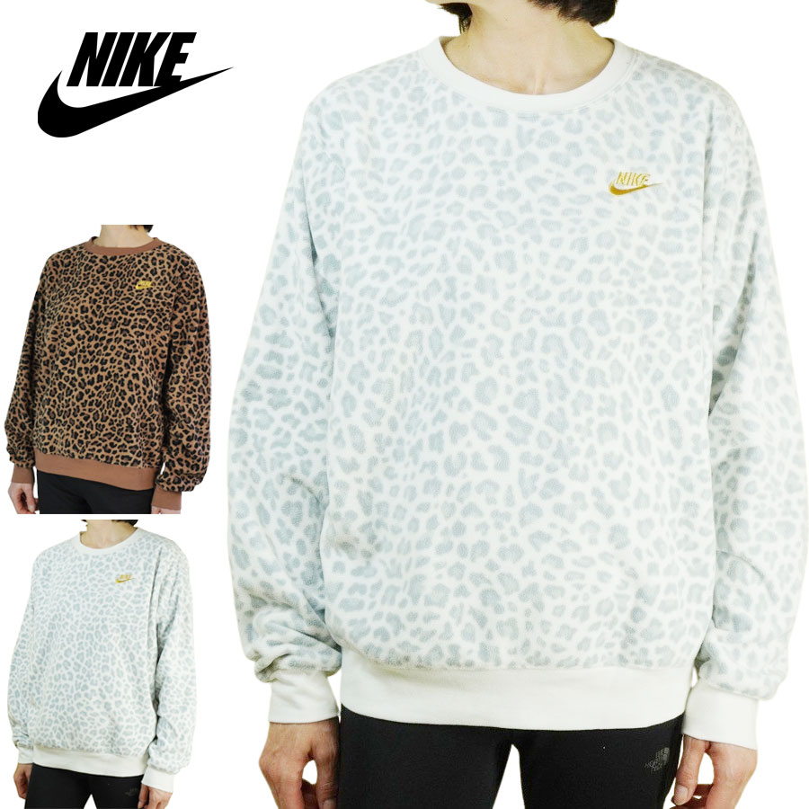 ナイキ ボアジャケット レディース ナイキ NIKEレディース トレーナーWOMENS ALLOVER PRINT FLEECE CREWウィメンズ オールオーバー フリースクルーWHITE/GREY(ホワイト/グレー) BROWN(ブラウン)女性用 ヒョウ柄 ボア 白 灰 茶 ストリート スポーティ トップス