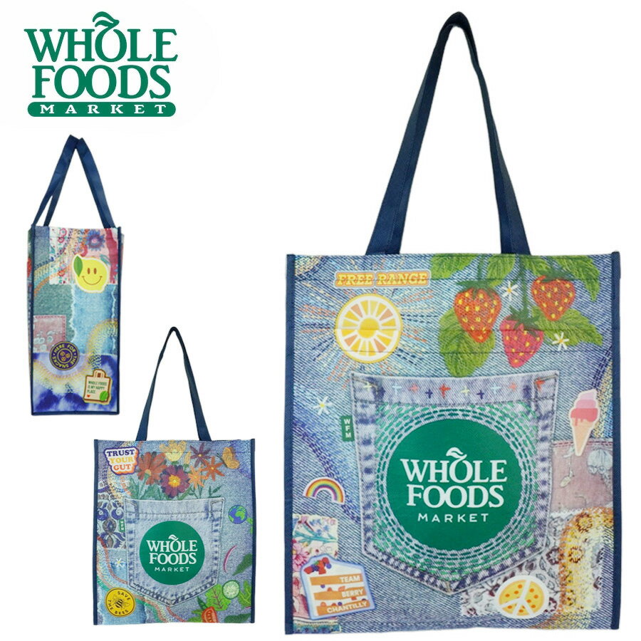 Rakuten - 【クリックポスト発送】WHOLE FOODS ホールフーズ 海外限定 バッグRECYCLED TOTE BAGリサイクルトートバッグDENIM デニム風 総柄 エコバッグアメリカ雑貨 海外限定 ショッピングバッグスーパーマーケット オリジナルグッズ かばん ロゴ