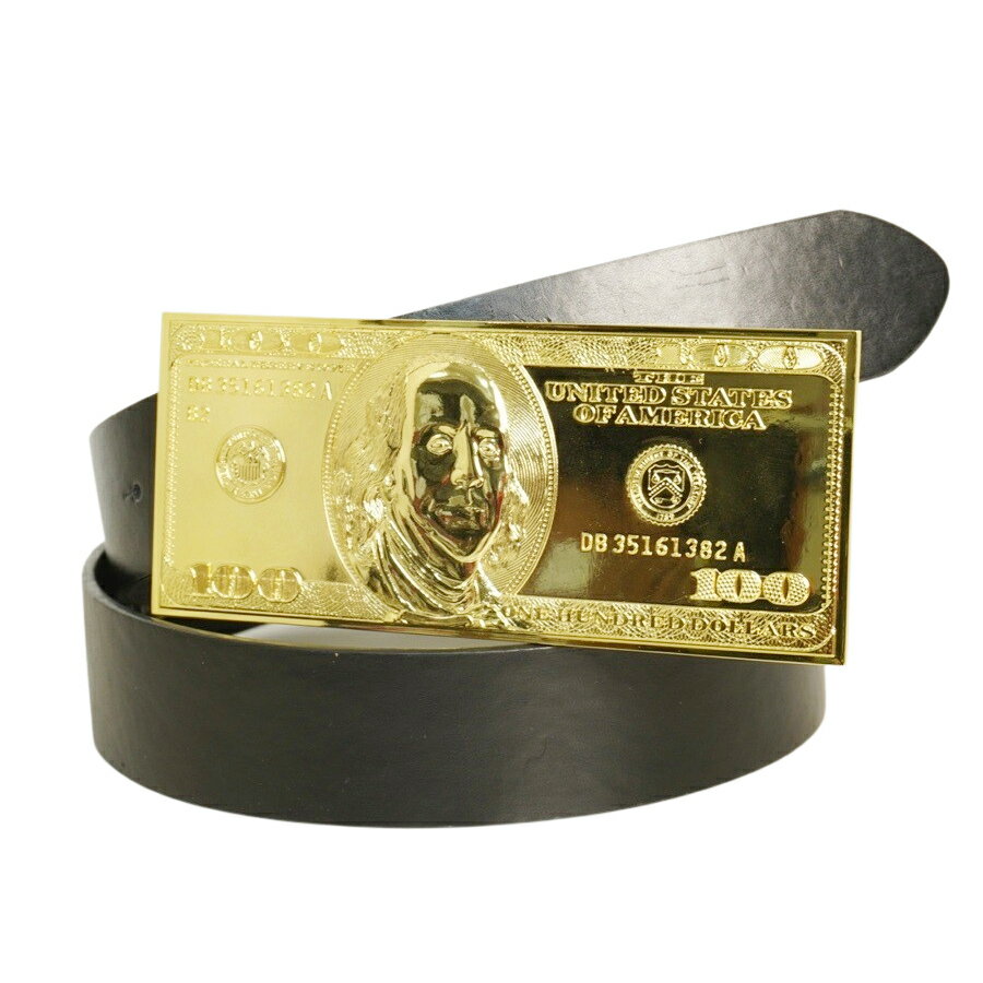 メンズ ベルトBUCKLE LEATHER BELTバックル付き レザー ベルトGOLD DOLLAR(ゴールドダラー)100ドル札 金 モチーフ ストーン